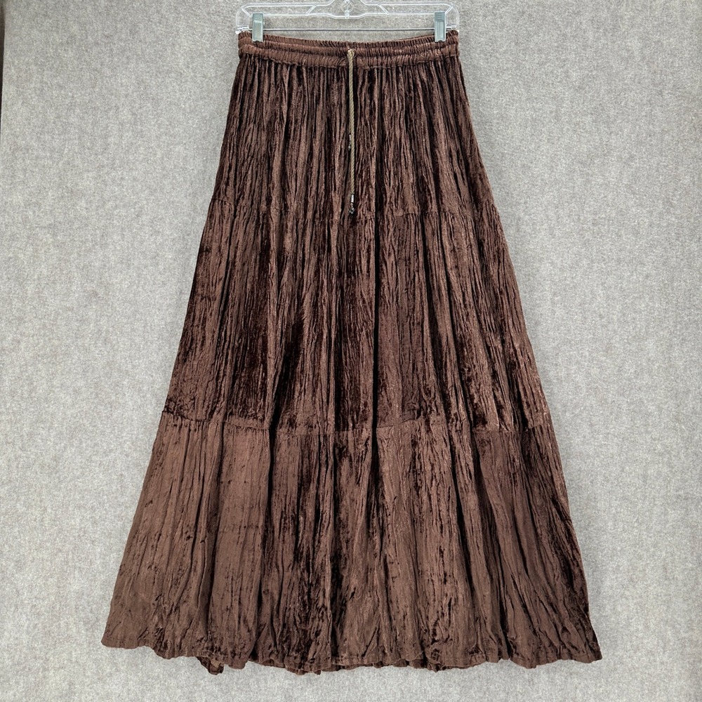 Raja Brown Crushed Velvet Tiered Maxi Skirt‎ Boho Festival Free Size